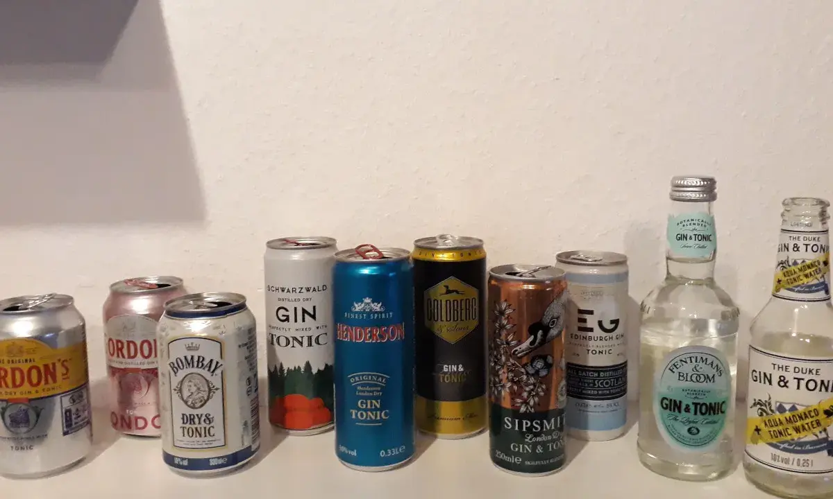 Eine Auswahl an Gin Tonic Dosen und Flaschen, bereit für einen entspannten Abend.