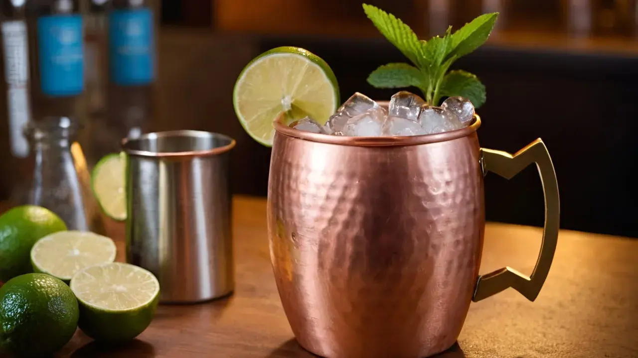 Kupferbecher mit Eis, Limette und Minze. Ein Blick auf den Unterschied zwischen Ginger Ale und Ginger Beer, mit Zutaten wie Limetten und Flaschen im Hintergrund.