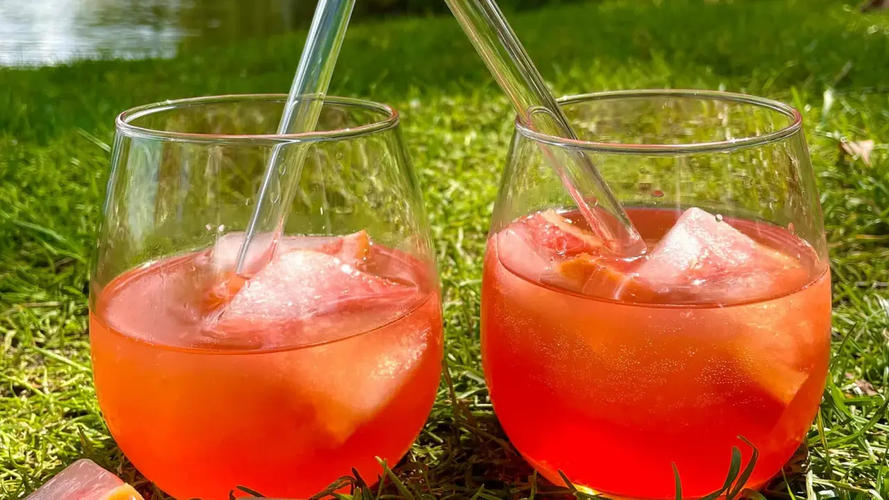 Zwei Gläser Aperol Tonic mit Eis und Orangenscheiben stehen im Gras.