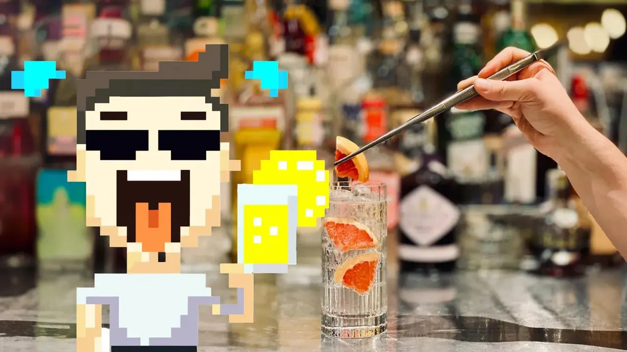 Pixeliger Charakter freut sich über einen erfrischenden Drink mit Grapefruit und Eis. Das ist, was Tonic Water ausmacht: prickelnd und lecker!