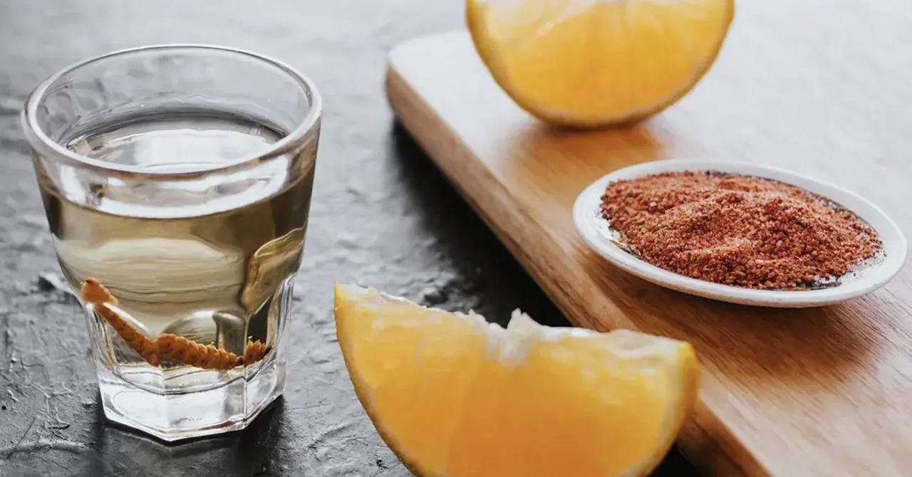 Ein Glas Tequila mit Wurm, daneben Orangenstücke und eine Schale mit Gewürzmischung.