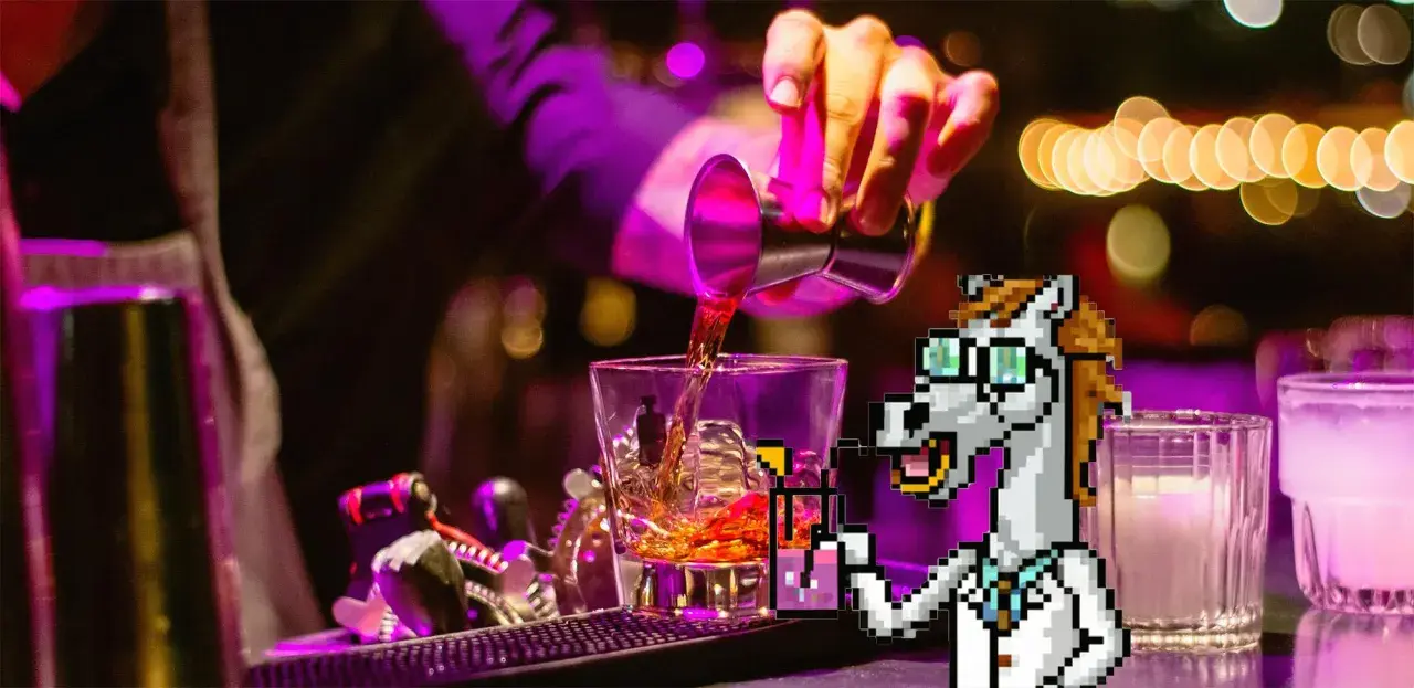 Pixel-Pferd mixt einen Drink, achtet auf das perfekte Gin Tonic Ratio.