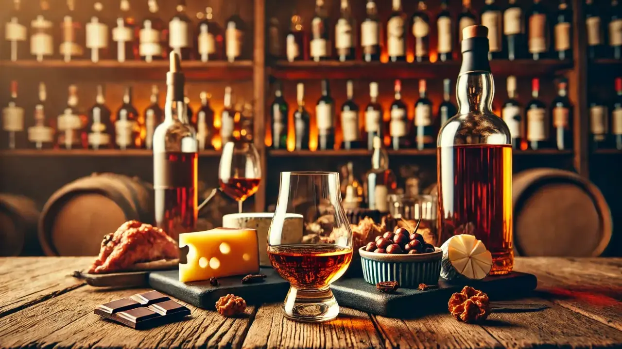 Ein Glas mit rauchigen Whiskys steht auf einem Holztisch, daneben Käse, Schokolade und Kirschen. Im Hintergrund Regale voller Flaschen.
