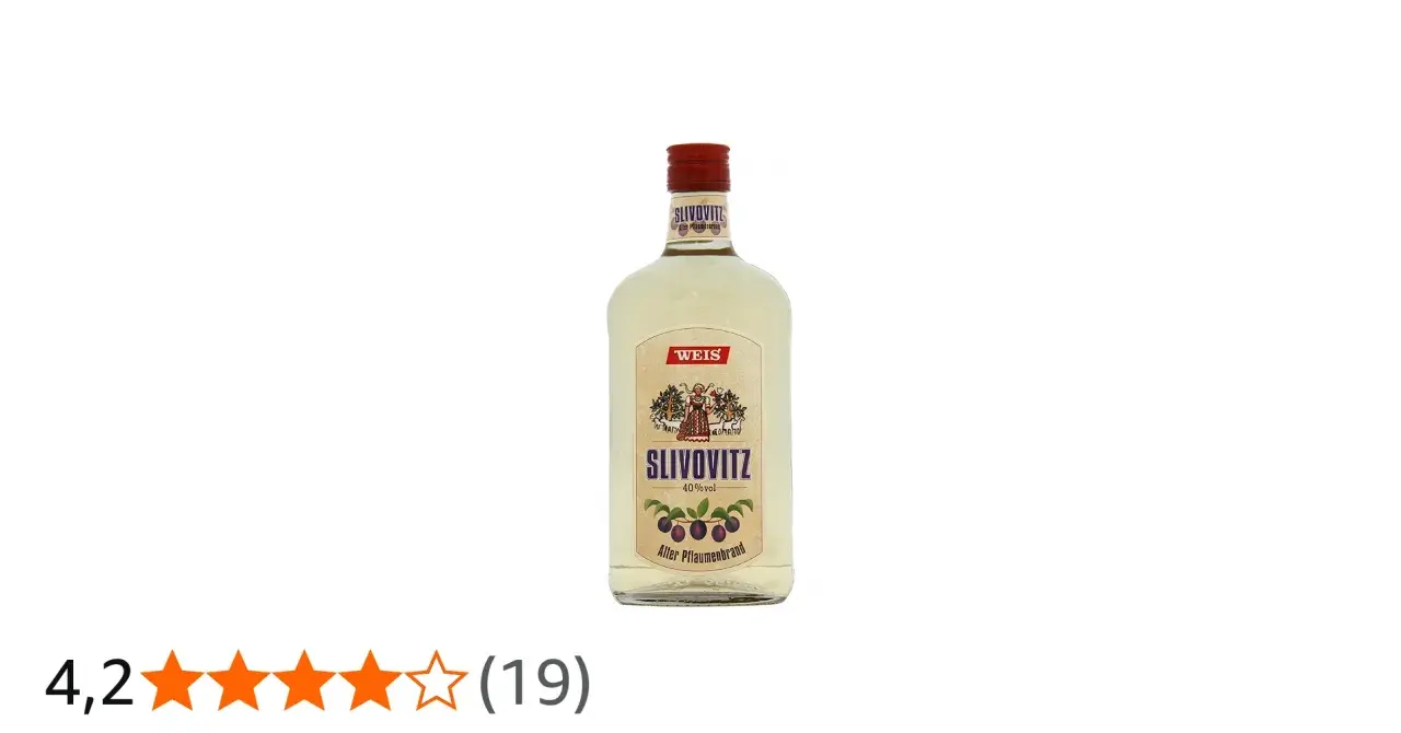 Flasche "WEIS SLIVOVITZ" mit Pflaumenmotiv. Der "Alter Pflaumenbrand" erzählt von seiner Herkunft.