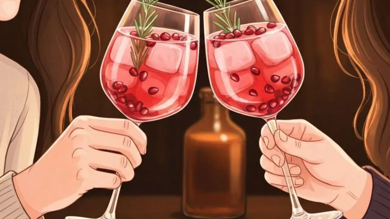Zwei Hände stoßen mit Aperol Spritz an. Der Drink schmeckt erfrischend süß-bitter, mit Eiswürfeln und Granatapfelkernen.