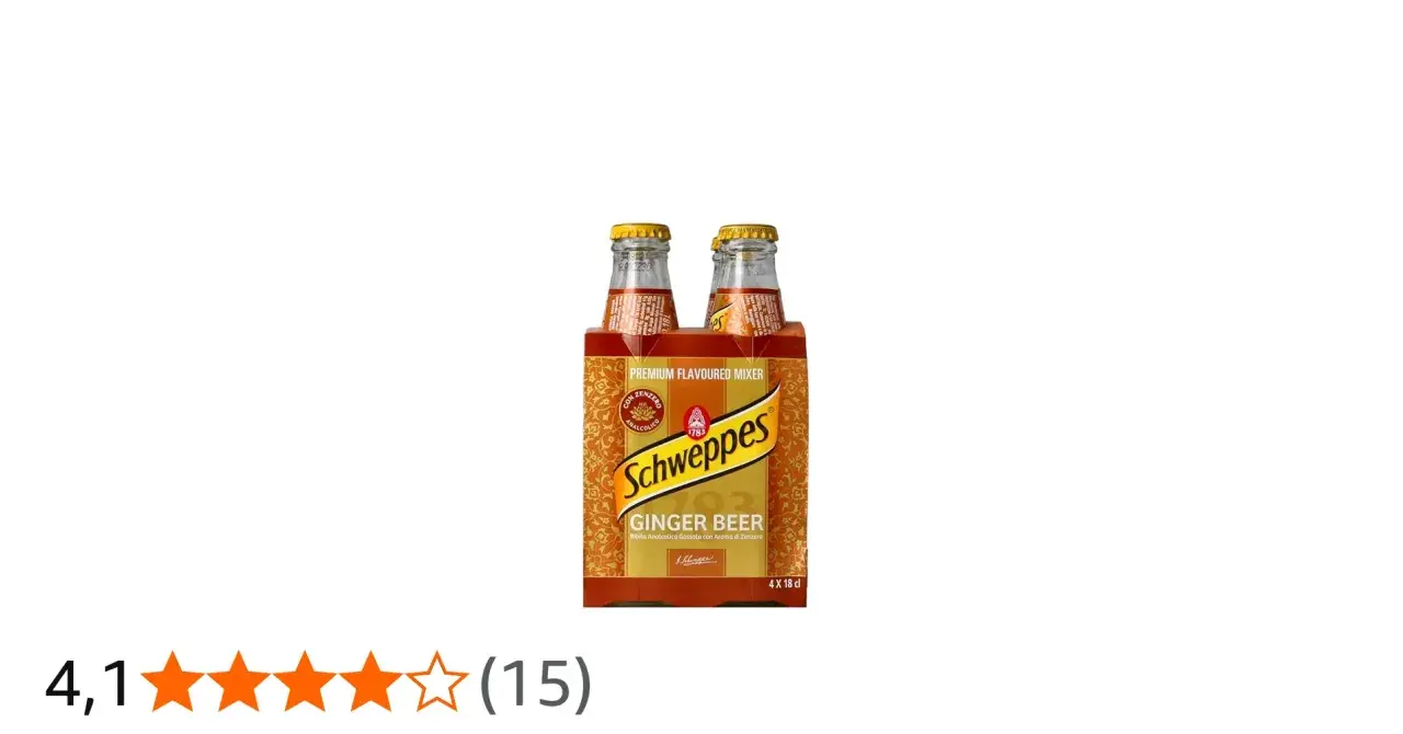 Vier Flaschen Schweppes Ginger Beer im orangefarbenen Karton. Ein erfrischendes, alkoholfreies Getränk mit Ingwergeschmack.