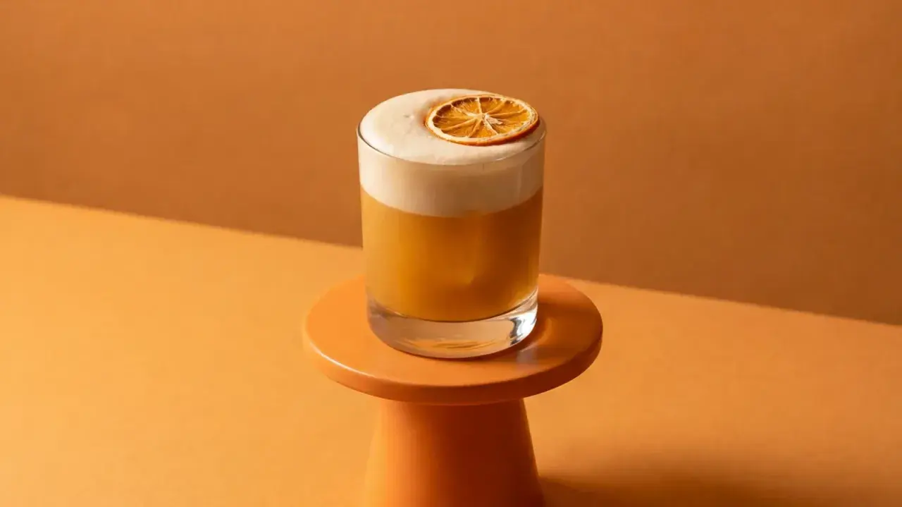 Ein cremiger Amaretto Sour mit einer getrockneten Orangenscheibe auf einem kleinen orangefarbenen Podest, vor einem warmen, orangenen Hintergrund.