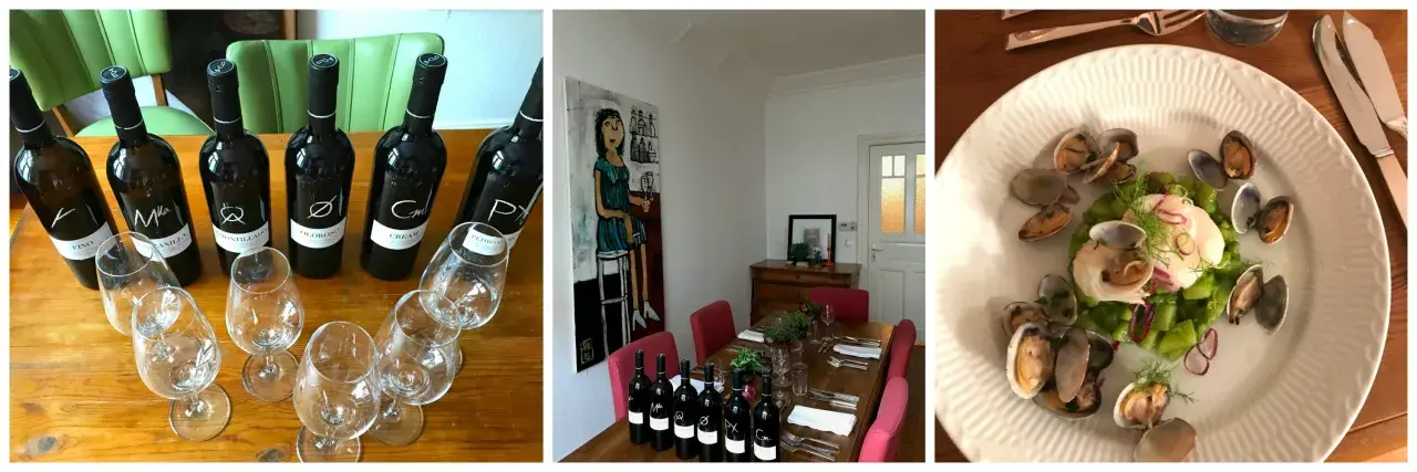 Weinprobe mit verschiedenen Sherry-Sorten: Fino, Manzanilla, Amontillado, Oloroso, Cream und Pedro Ximénez. Dazu ein Teller mit Muscheln und Gemüse.