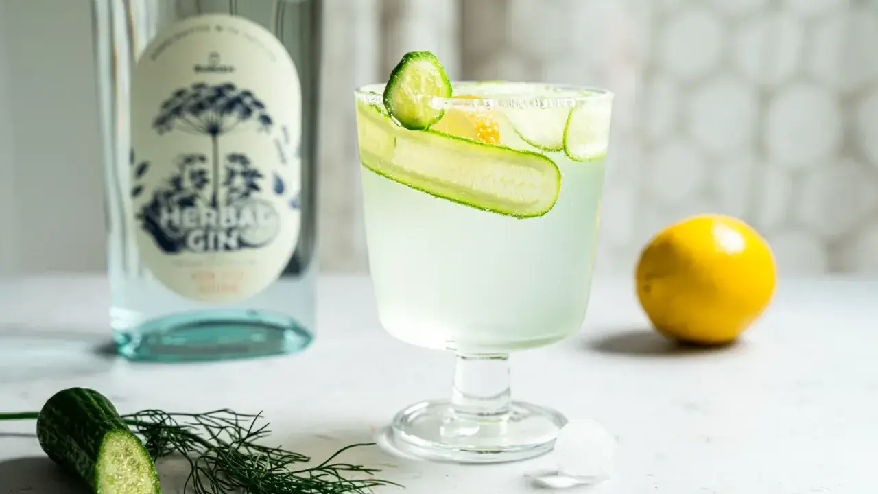 Erfrischender Gin Tonic mit Gurke und Zitrone, daneben eine Flasche Gin und frische Zutaten.