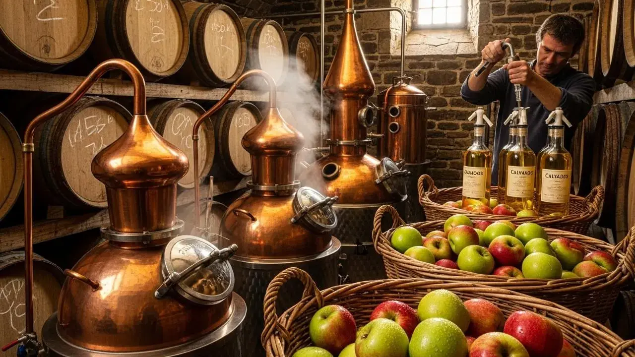 Mann füllt Flaschen mit Calvados ab, daneben Körbe voller Äpfel. So lernt man, wie trinkt man Calvados: direkt aus der Normandie.