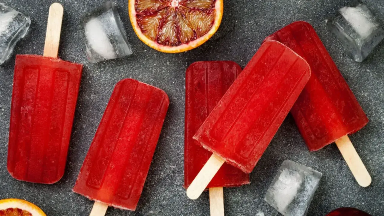Erfrischende Eis am Stiel mit Campari Orange Geschmack, umgeben von Eiswürfeln und Blutorangen-Scheiben.