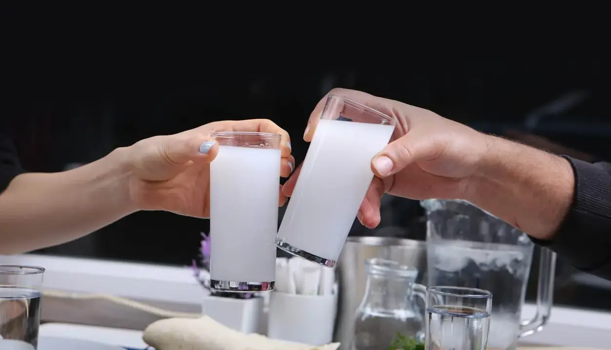 Zwei Hände stoßen mit Gläsern voller weißem Raki an. So trinkt man Raki: langsam, mit Freunden und gutem Essen.