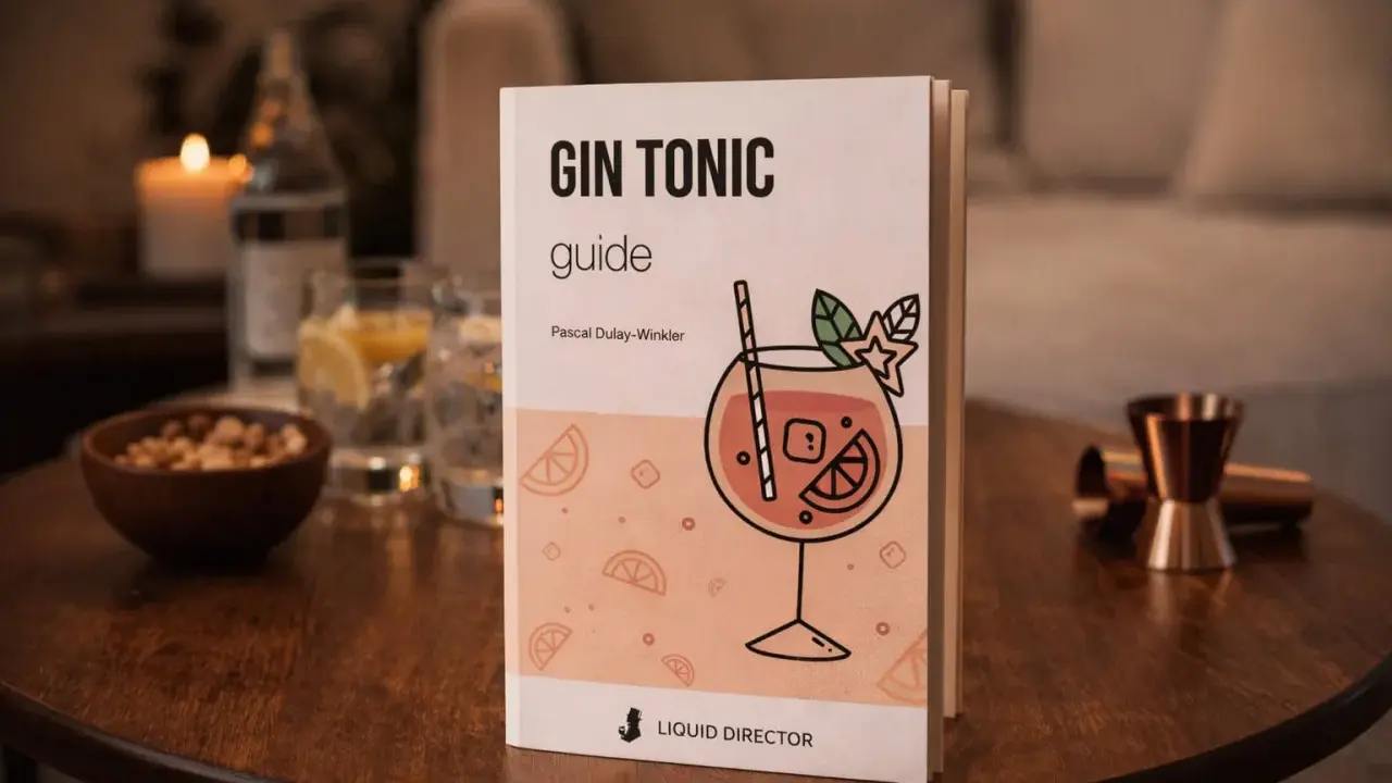 Ein Buch mit dem Titel "Gin Tonic Guide" liegt auf einem Holztisch. Daneben stehen Gläser mit Gin Tonic, eine Schale mit Nüssen und ein Jigger. Perfekt für den Aperitif!