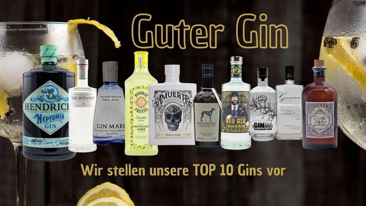Eine Auswahl von zehn Flaschen Guter Gin, darunter Hendrick's Neptunia und Monkey 47, präsentiert die TOP 10 Gins.