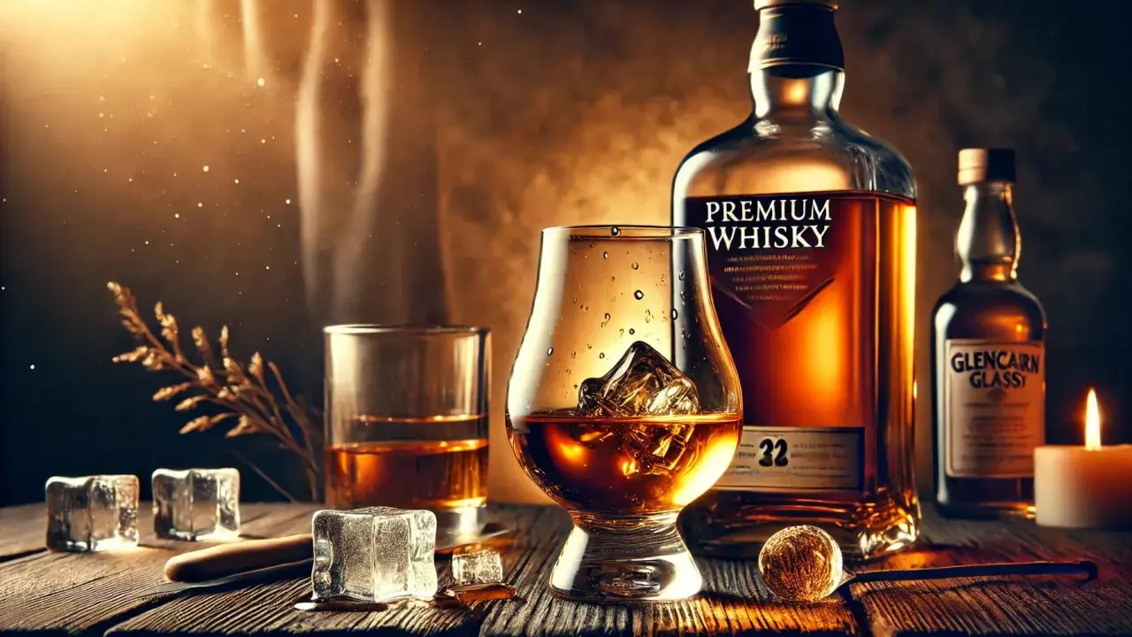 Ein Glas **whiskey neat** mit Eiswürfeln, daneben eine Flasche Premium Whisky und eine Kerze.