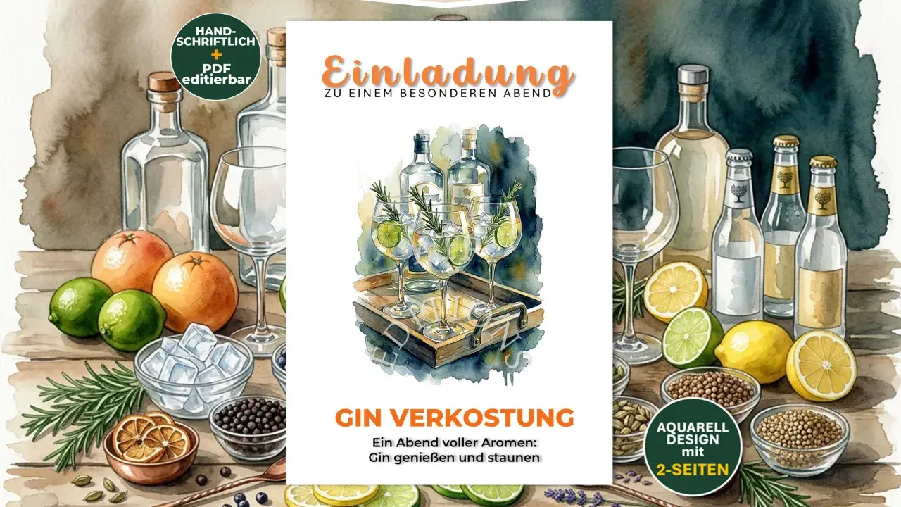 Einladung zur Gin Verkostung: Flaschen, Gläser, Zitrusfrüchte und Gewürze laden zu einem besonderen Abend voller Aromen ein.