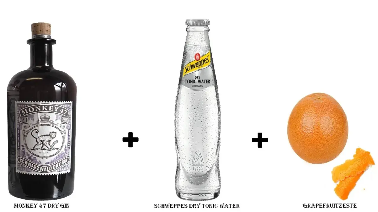 Zutaten für ein Monkey 47 Gin Tonic Rezept: Monkey 47 Dry Gin, Schweppes Dry Tonic Water und Grapefruitzeste.