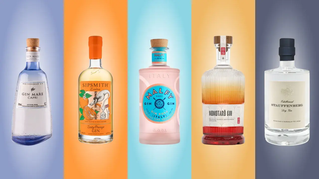 Fünf Flaschen Gin: Gin Mare, Sipsmith Zesty Orange, Malfy Gin Rosa, Momotaro Gin und Stauffenberg Dry Gin. Perfekt, um Gin mit Wasser zu mischen.