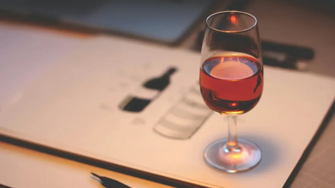 Ein Glas Portwein steht auf einem Skizzenbuch, das eine Flasche zeigt. Perfekt, um zu lernen, wie trinkt man Portwein.