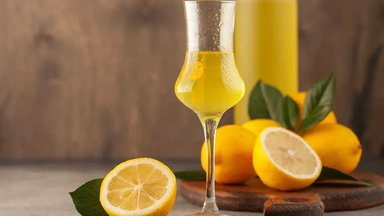 Ein Glas mit leuchtend gelbem Limoncello, daneben frische Zitronen und eine Flasche. So sieht Limoncello aus!