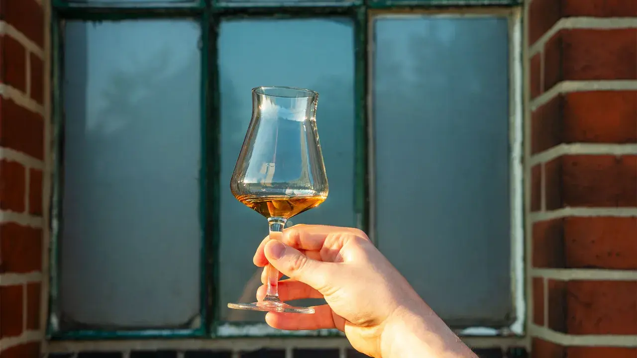 Hand hält ein Glas bernsteinfarbenen Whiskys vor einem Fenster. Der Alkoholgehalt variiert, aber oft liegt er bei 40 Prozent.