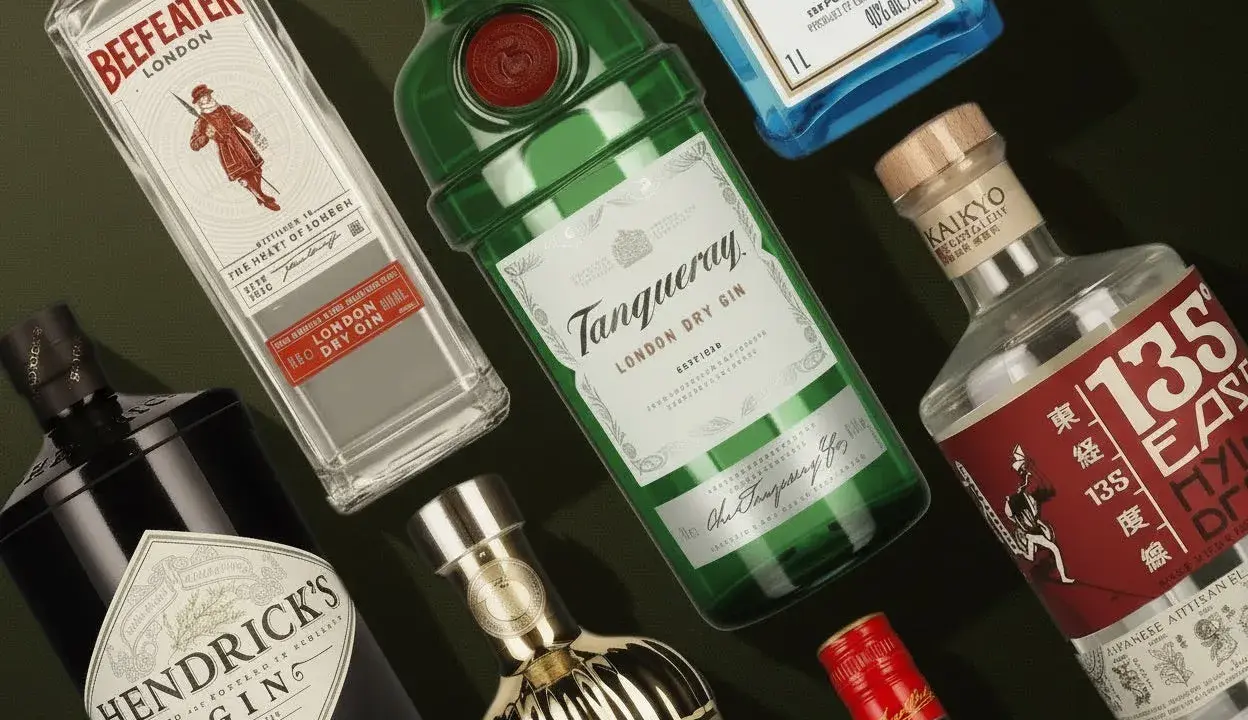 Verschiedene Gin-Flaschen, die den hohen alkoholgehalt gin tonic vs bier verdeutlichen.