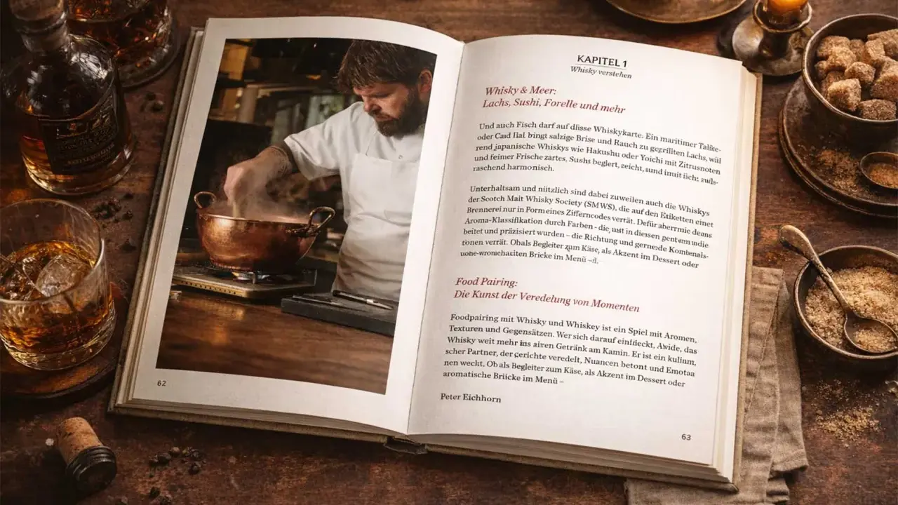 Ein Koch bereitet etwas in einem Kupfertopf zu, während ein Buch über die richtige trinktemperatur whisky daneben liegt.