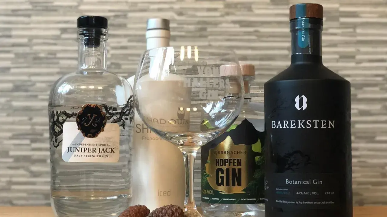 Gin-Flaschen, ein Glas und Zapfen. Der **Wacholder Geschmack** ist bei diesen Gins zentral.