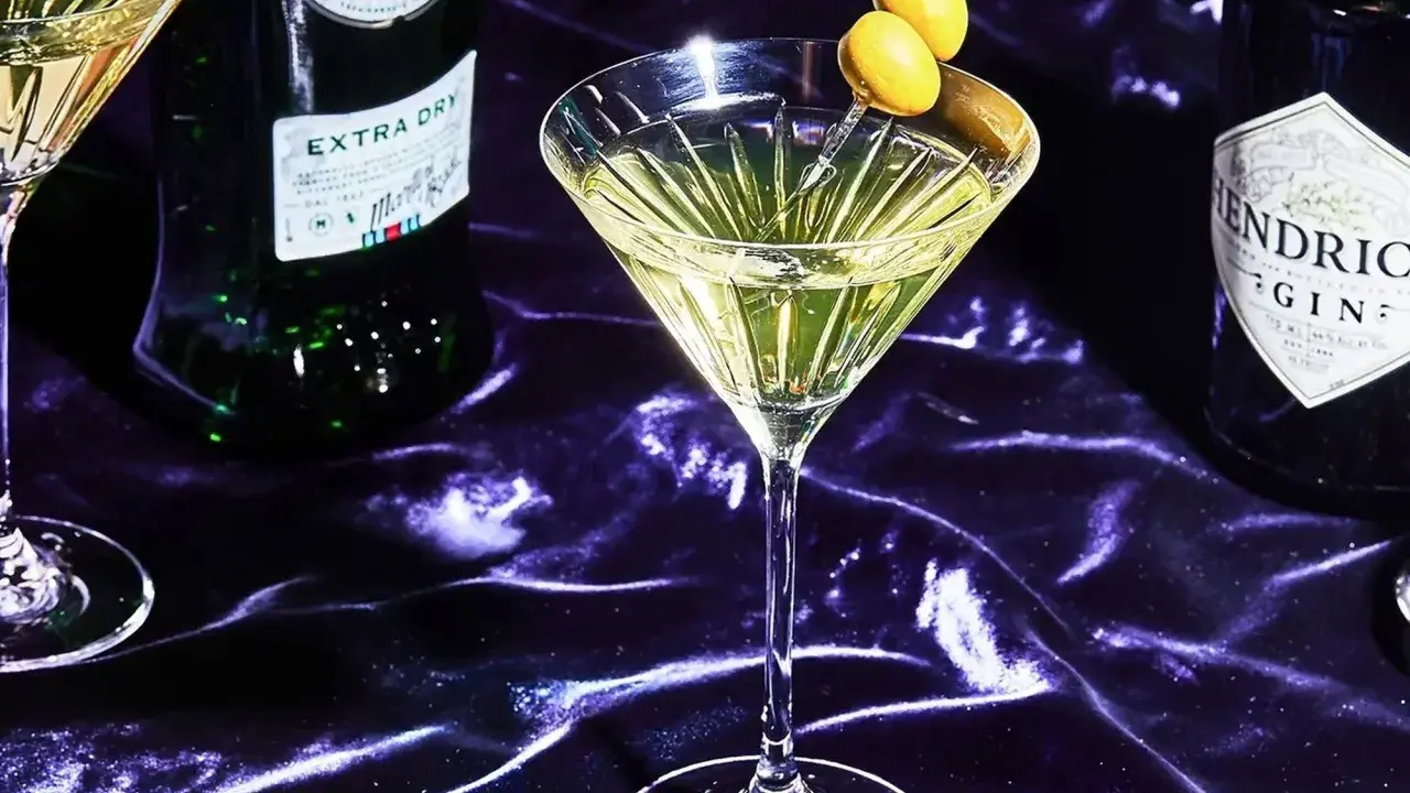 Ein Martini mit Oliven, daneben Martini Extra Dry und Hendrick's Gin. Verschiedene Martini Sorten für den perfekten Drink.