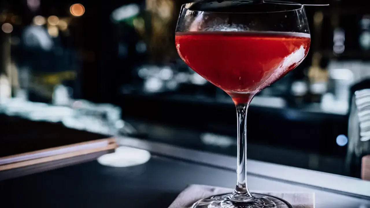Ein roter Sloe Gin Tonic in einem eleganten Glas, garniert mit einer dunklen Zweigspitze, steht auf einem Tisch.