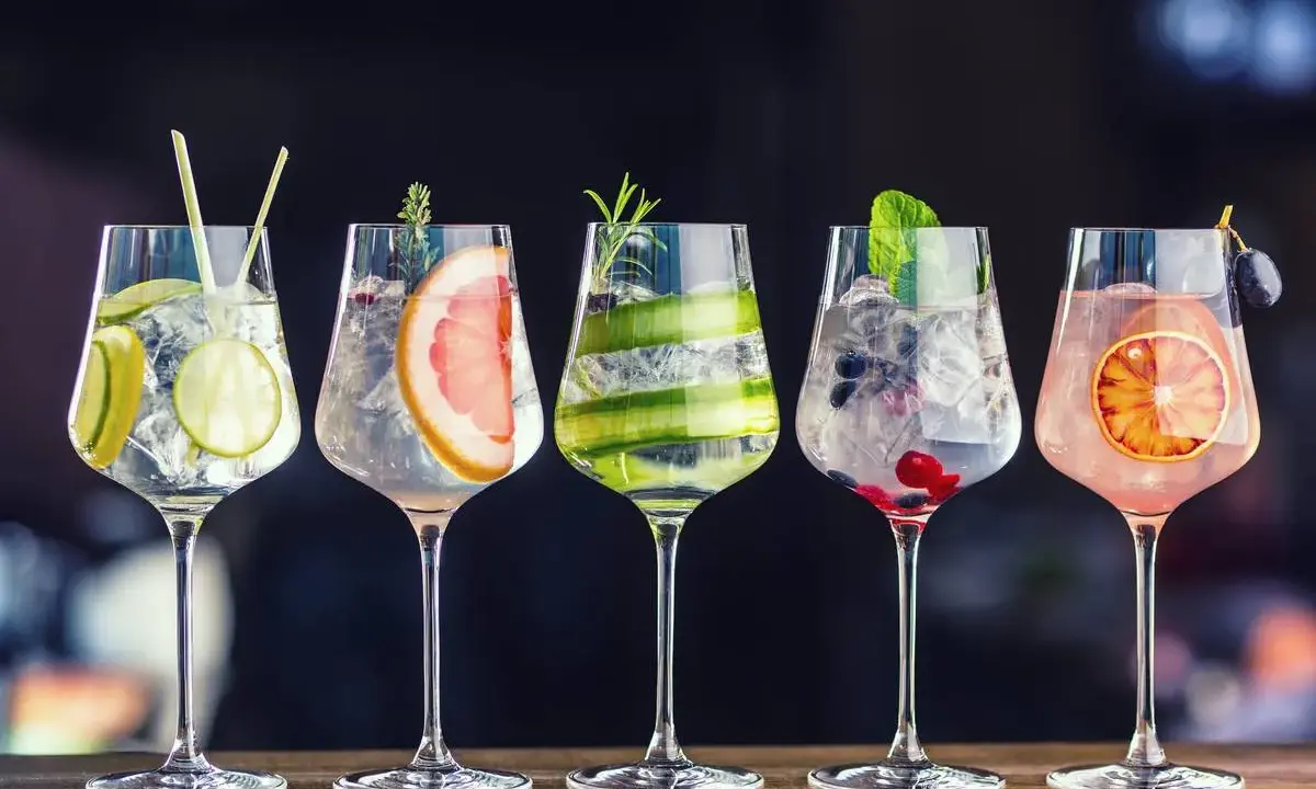 Fünf elegante Gläser mit erfrischenden Gin-Tonic-Kreationen, garniert mit Früchten und Kräutern. Entdecken Sie besondere Gin Sorten!
