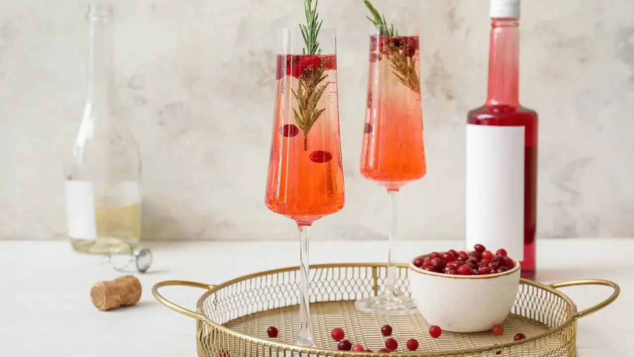 Zwei festliche Cocktails mit Cranberry und Rosmarin. Ein Glas mit dem süßen Likör Triple Sec wäre die perfekte Ergänzung.