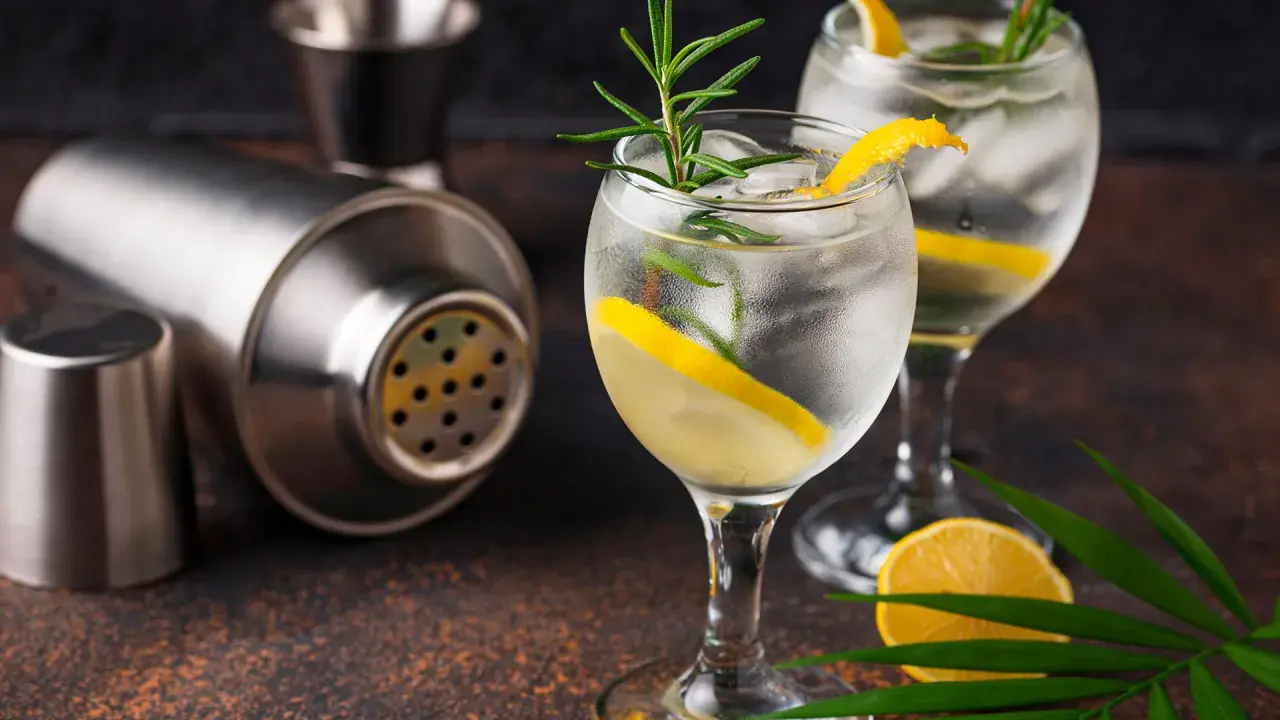 Zwei erfrischende Gin Tonic mit Zitrone und Rosmarin, bereit für den perfekten Genuss. Der passende prozentuale Alkoholgehalt macht sie zum idealen Sommerdrink.