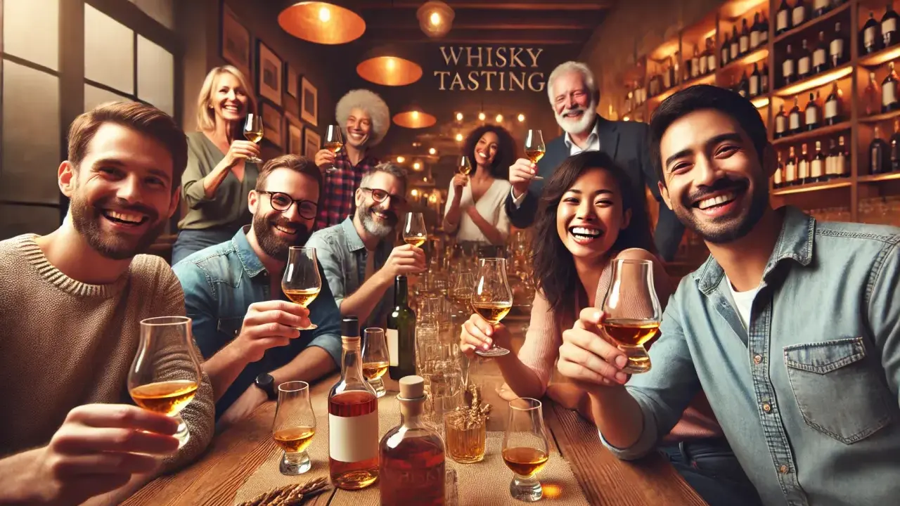 Fröhliche Gruppe bei einer Whisky-Verkostung. Sie stoßen mit Gläsern an, die bernsteinfarbenen Whisky enthalten. Ein mildes Aroma liegt in der Luft.