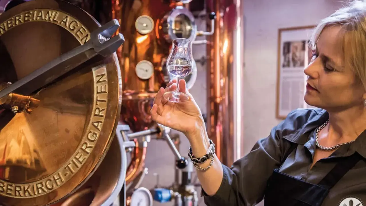 Frau verkostet Genever in einer Brennerei. Kupferne Anlagen und ein Glas mit dem klaren Schnaps sind zu sehen.