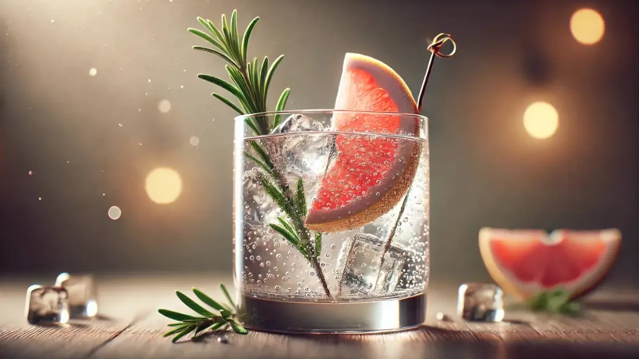 Erfrischender Gin Tonic mit Grapefruit und Rosmarin, serviert mit Eiswürfeln.