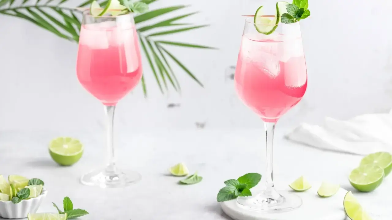 Zwei elegante Gläser mit einem erfrischenden pink spritz, garniert mit Limettenspalten und Minze, umgeben von frischen Limetten und grünen Blättern.