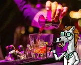 Pixel-Pferd mixt einen Drink, achtet auf das perfekte Gin Tonic Ratio.
