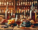 Ein Glas mit rauchigen Whiskys steht auf einem Holztisch, daneben Käse, Schokolade und Kirschen. Im Hintergrund Regale voller Flaschen.