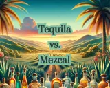 Sonnenuntergang in Mexiko: Palmen, Agavenfelder und Flaschen von Tequila vs. Mezcal.