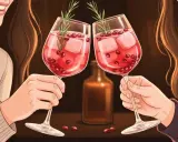 Zwei Hände stoßen mit Aperol Spritz an. Der Drink schmeckt erfrischend süß-bitter, mit Eiswürfeln und Granatapfelkernen.