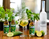 Erfrischender Ginger Beer mit Alkohol: Flaschen, ein Glas mit Limette und Eis, Gurke, Limetten und eine Flasche Belvedere Vodka.