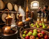 Mann füllt Flaschen mit Calvados ab, daneben Körbe voller Äpfel. So lernt man, wie trinkt man Calvados: direkt aus der Normandie.