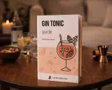 Ein Buch mit dem Titel "Gin Tonic Guide" liegt auf einem Holztisch. Daneben stehen Gläser mit Gin Tonic, eine Schale mit Nüssen und ein Jigger. Perfekt für den Aperitif!
