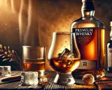Ein Glas **whiskey neat** mit Eiswürfeln, daneben eine Flasche Premium Whisky und eine Kerze.