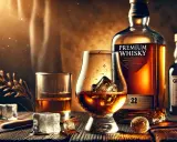 Ein Glas mit Eiswürfeln und bernsteinfarbenem Whisky, daneben eine Flasche "Premium Whisky". So trinkt man Whisky stilvoll.