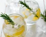 Zwei Gläser mit Eis, Zitrone und Rosmarin – ein guter Gin Tonic für heiße Tage.