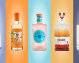 Fünf Flaschen Gin: Gin Mare, Sipsmith Zesty Orange, Malfy Gin Rosa, Momotaro Gin und Stauffenberg Dry Gin. Perfekt, um Gin mit Wasser zu mischen.