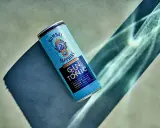 Eine eisgekühlte Dose Bombay Sapphire Gin Tonic, die im Sonnenlicht glänzt.