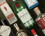 Verschiedene Gin-Flaschen, die den hohen alkoholgehalt gin tonic vs bier verdeutlichen.